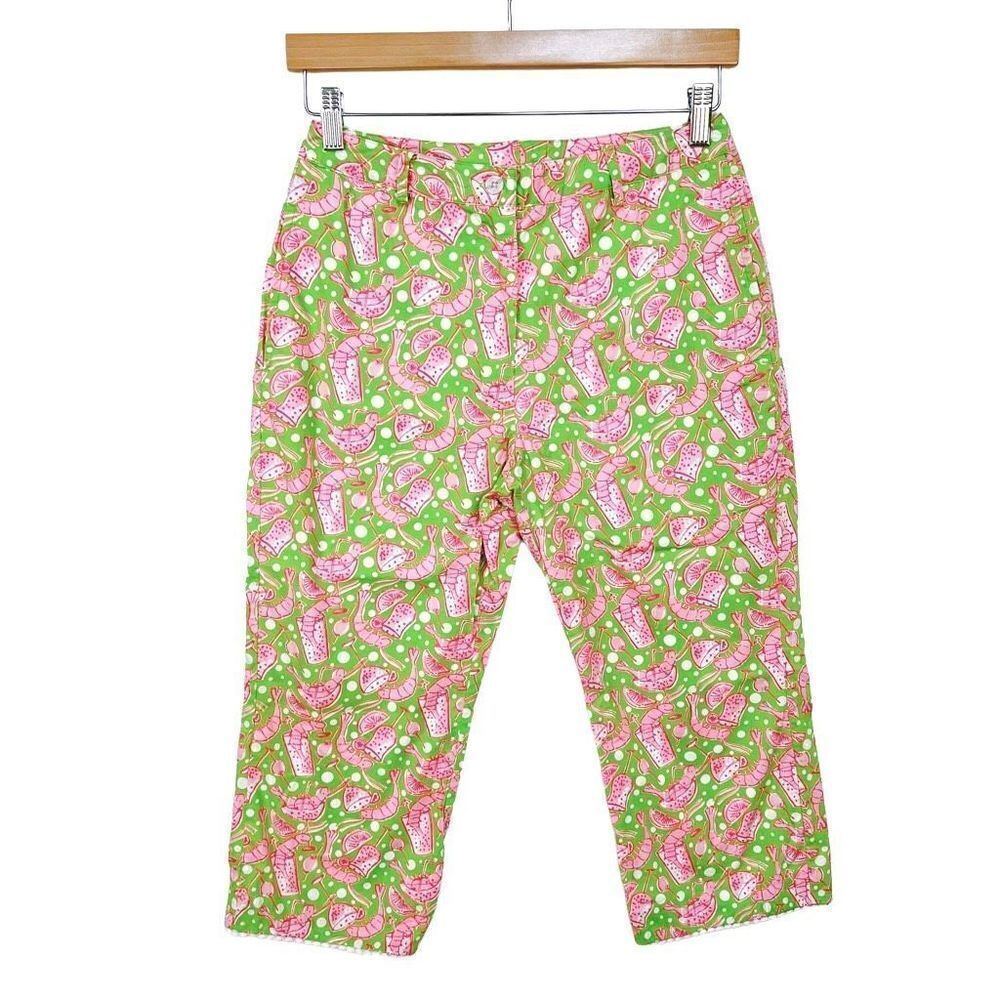 Vintage Lilly Pulitzer Shrimp Cocktail Cropped Capri Pants Pink Green White 4